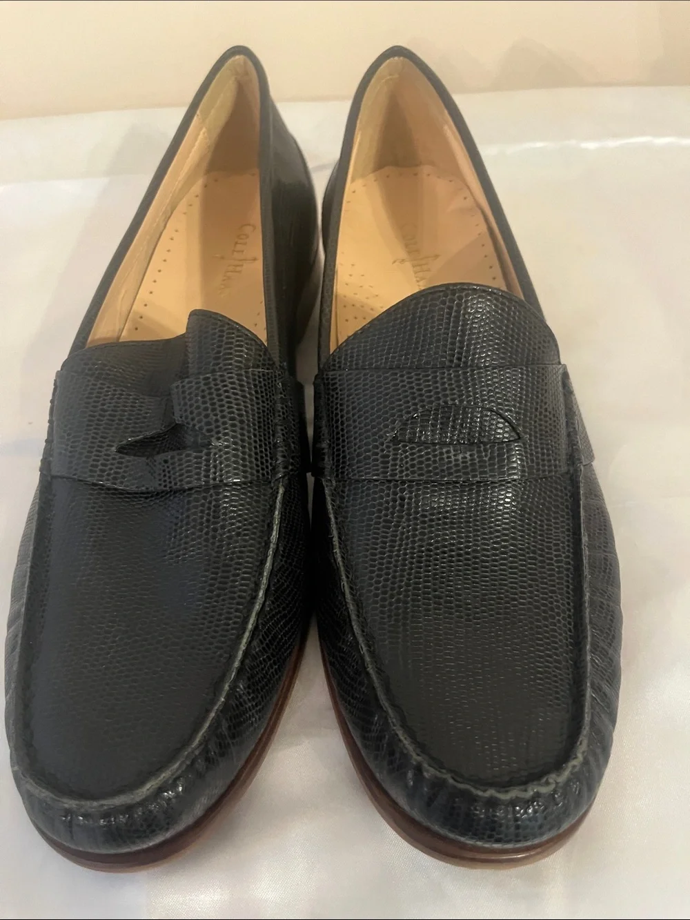 Cole Haan Black Lizard-Embossed Leather Penny Loafers